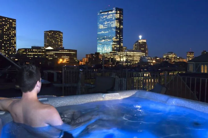 Rooftop hot tub overlooking the Boston skyline